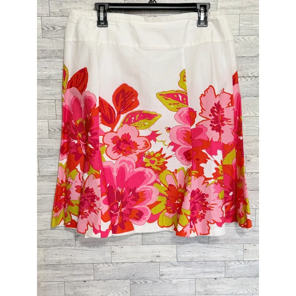 Floral A-Line Skirt Pink Orange Chartreuse White Cotton Blend Sz 14 Knee Length